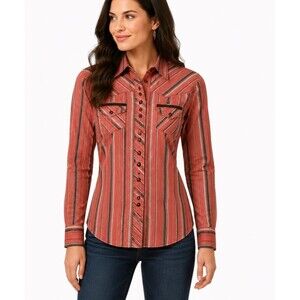 Cruel Girl Women's M Western Western Shirt Coral Stripe Snap Front Long Sleeve